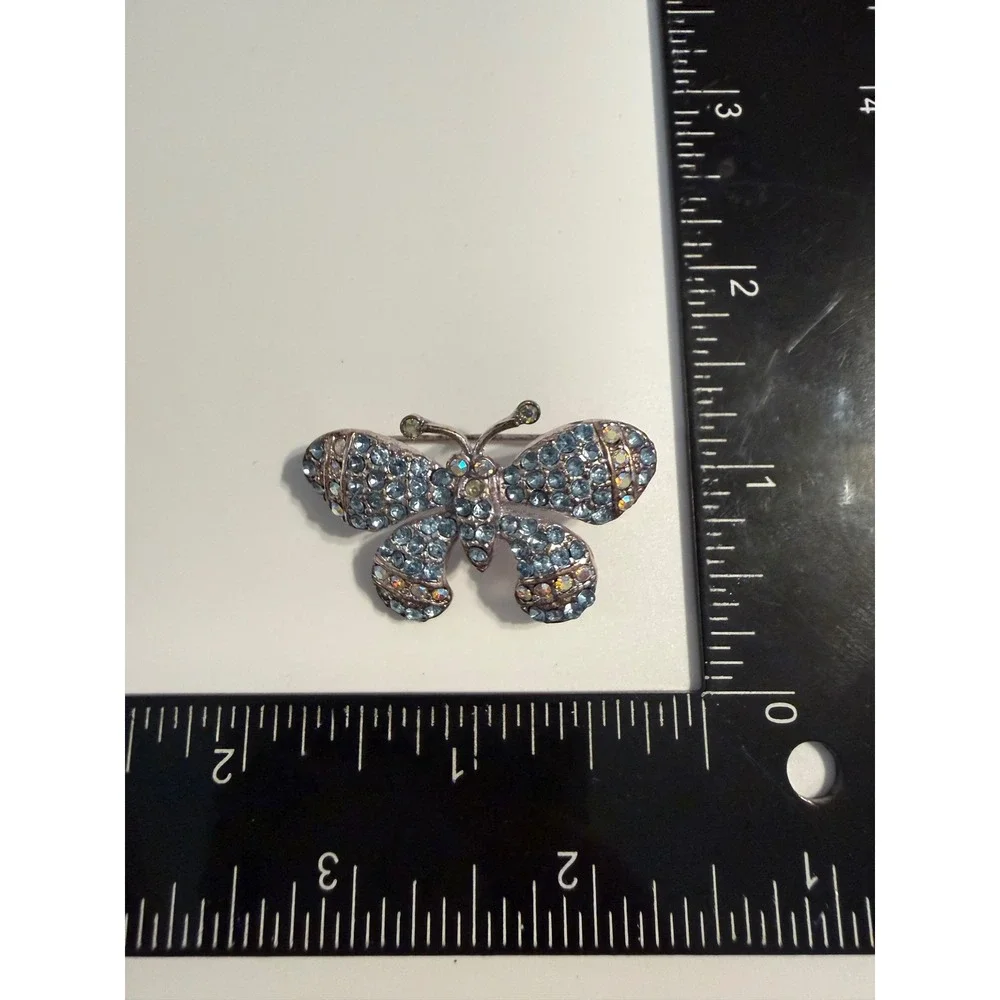 Silver Tone Blue Aurora Borealis Rhinestone‎ Butterfly Brooch Pin Whimsical